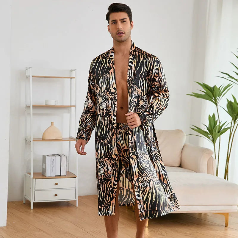 Men's tiger pattern bathrobe set with ultra-thin rayon fabric and shorts