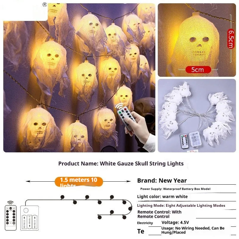 Halloween battery-operated LED string lights showing coloured and warm white options for indoor wall decoration
