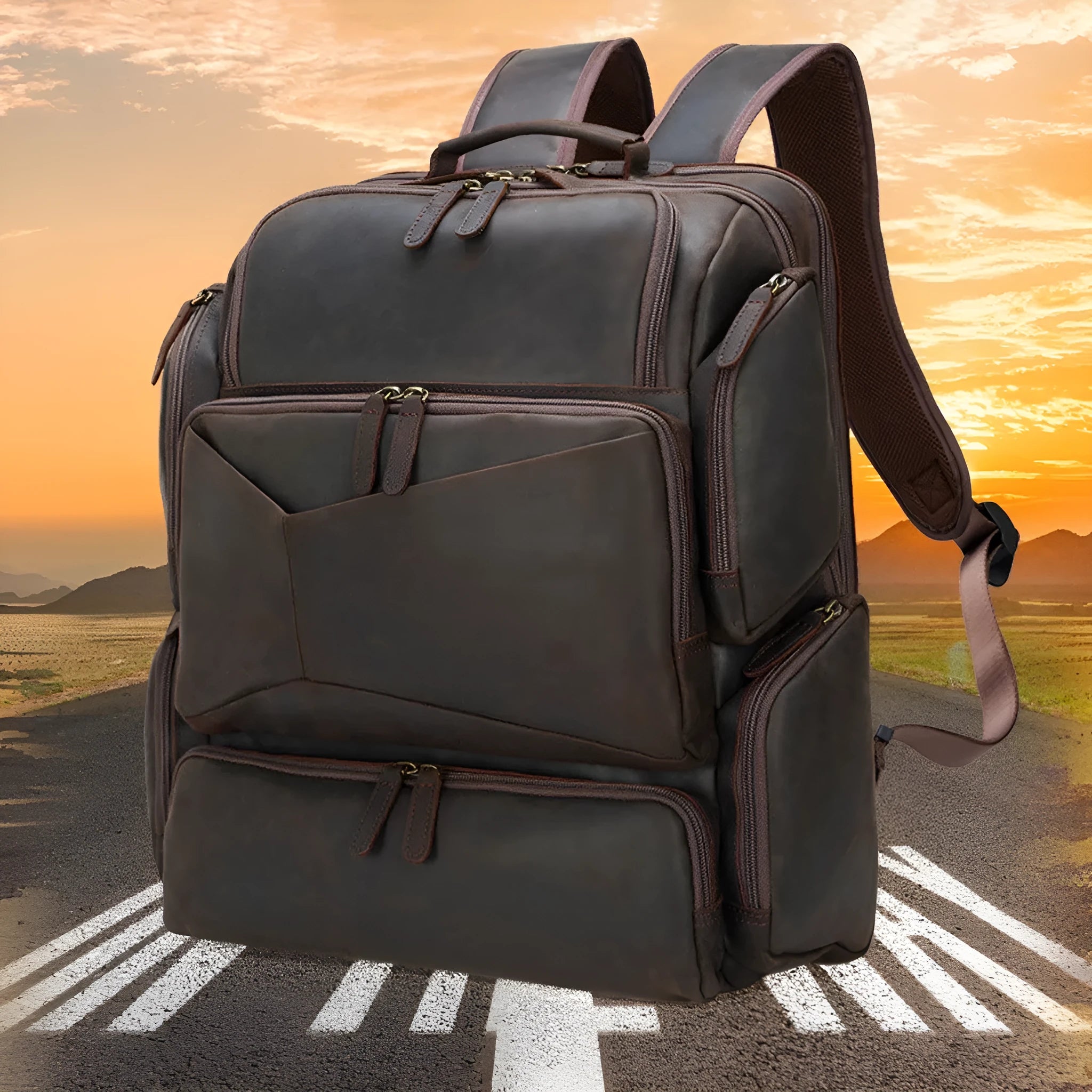 Dark brown genuine leather backpack for a 17-inch laptop, showing multiple pockets and double shoulder straps.