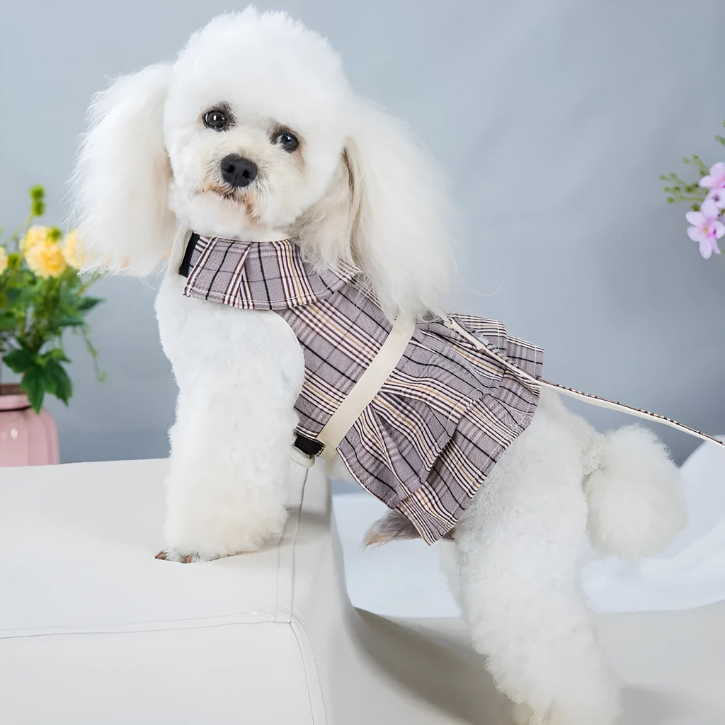 Dog chest harness vest with rope lead in milky white or purple skirt style