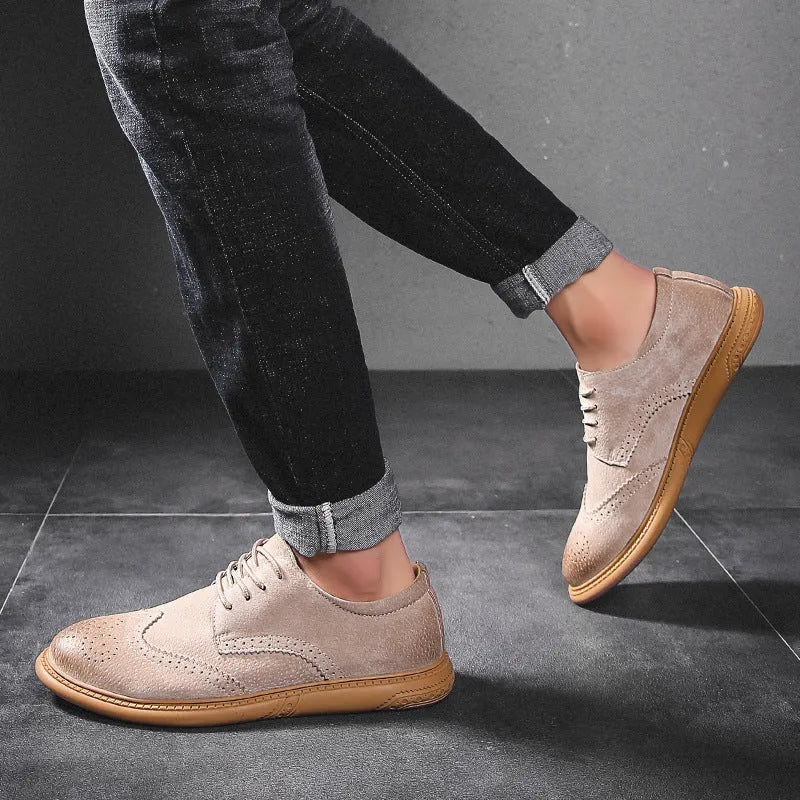 Men's grey genuine leather business shoes with retro lace-up design and rubber sole
