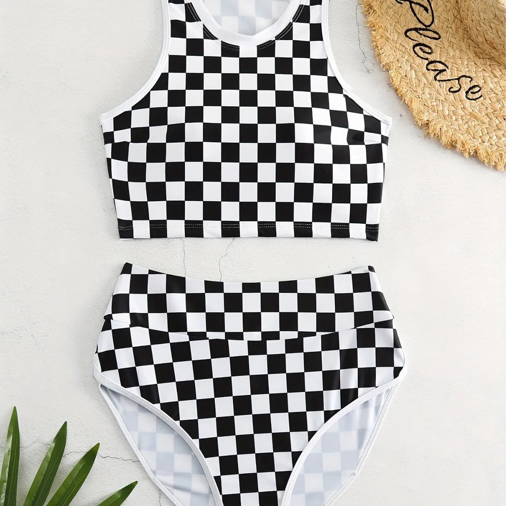 Women's racing one-piece swimsuit with suspender straps and chessboard pattern