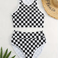 Women's racing one-piece swimsuit with suspender straps and chessboard pattern