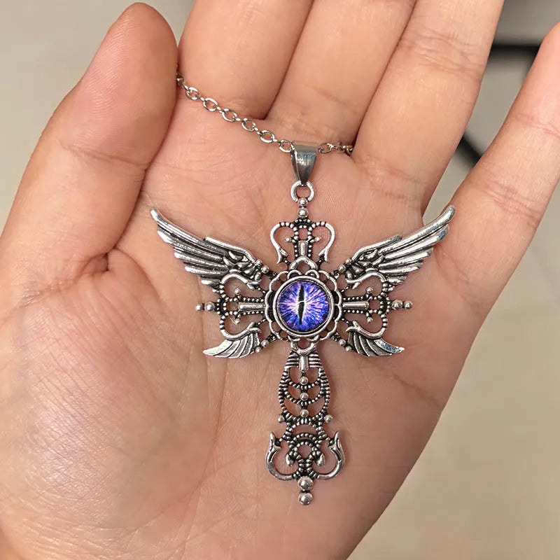 Geometric devil wings and cross alloy pendant necklace on a chain in blue, green, purple, red, yellow.