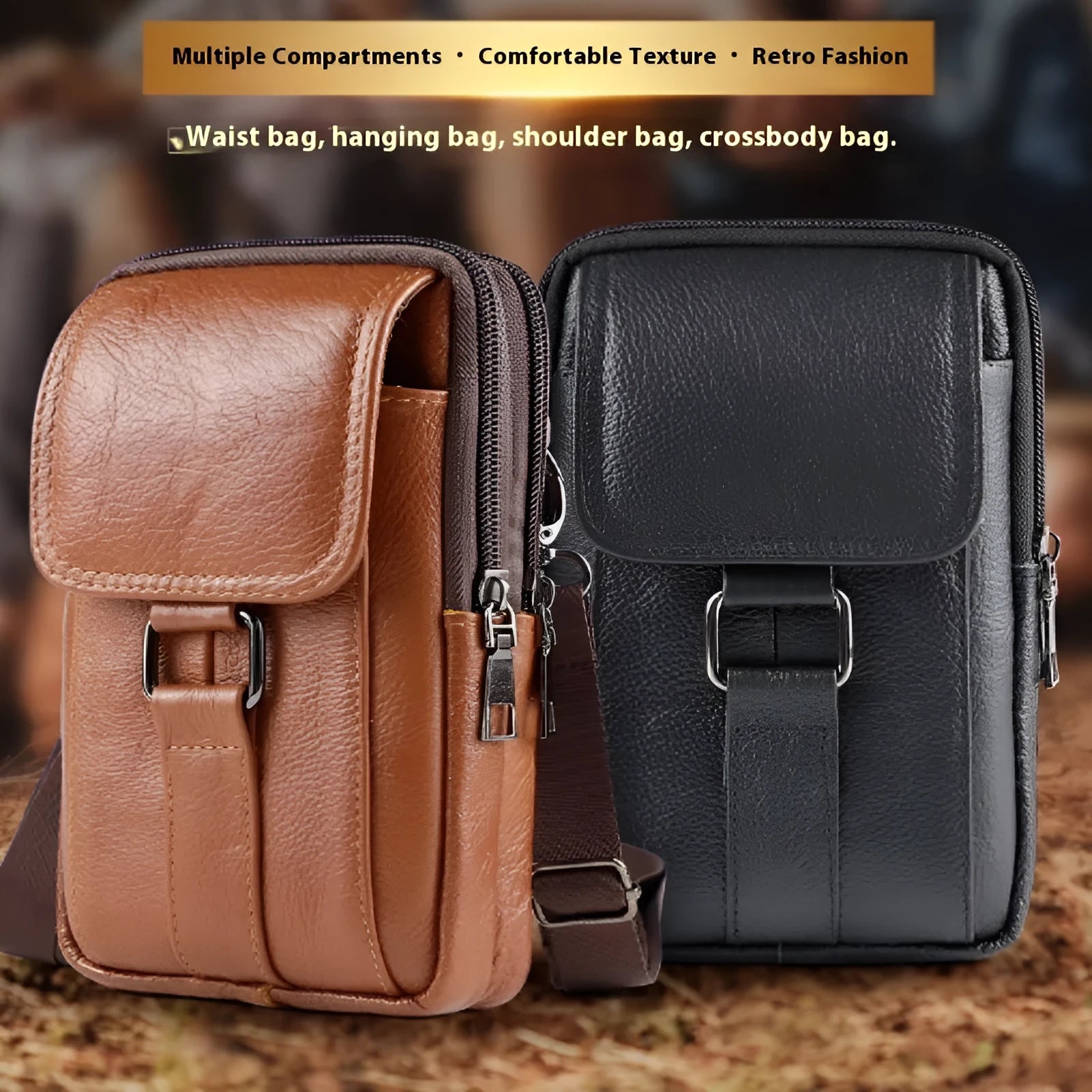Genuine leather men's waist crossbody bag in black with a lock and vertical square shape.