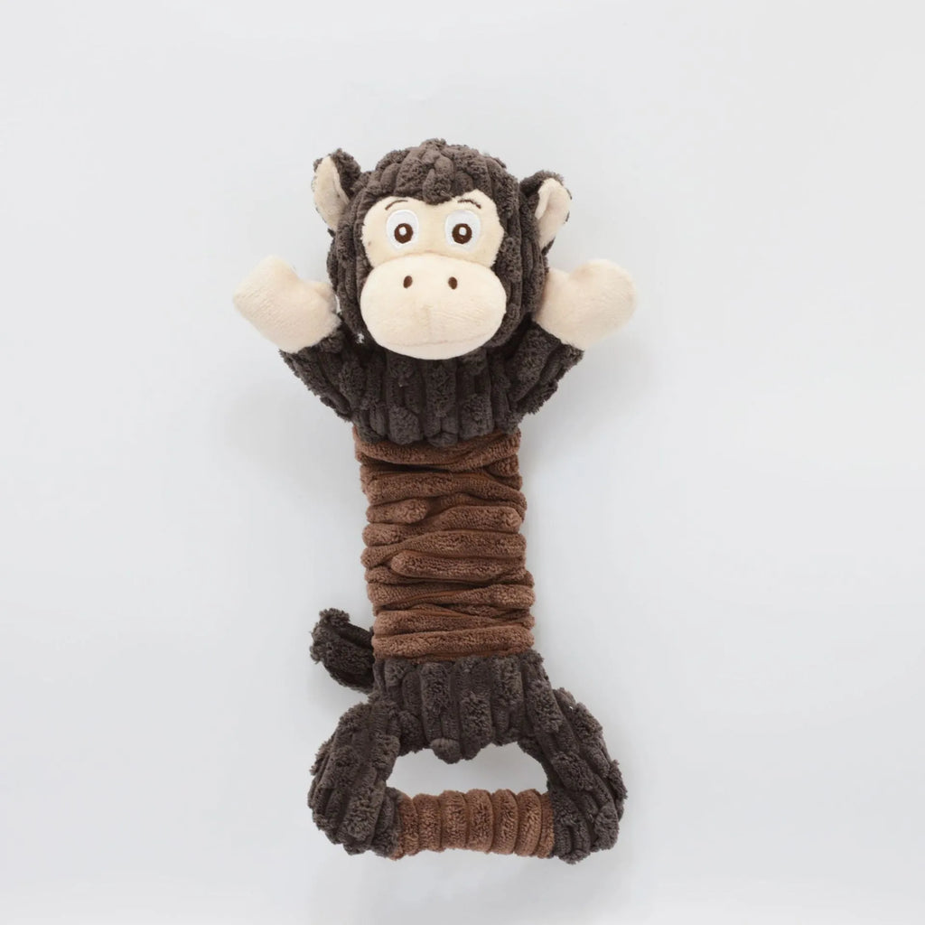 Large plush dog toy with a handle, showing telescopic design, in bright colours for interactive squeaky and crinkle play.