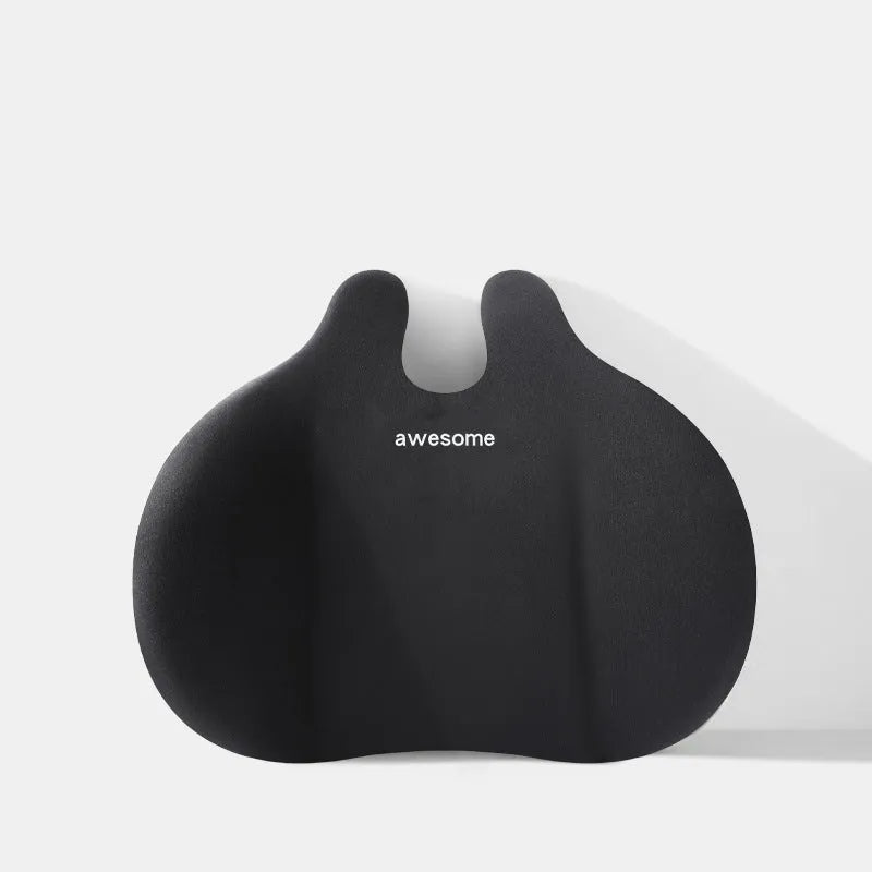 Black cloth headrest pillow and matching lumbar support pillow for car seats.