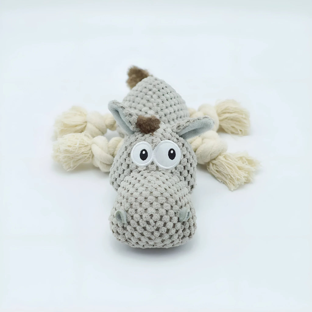 Grey donkey plush dog toy with creak sound mechanism, measuring 27×20×9.5 cm