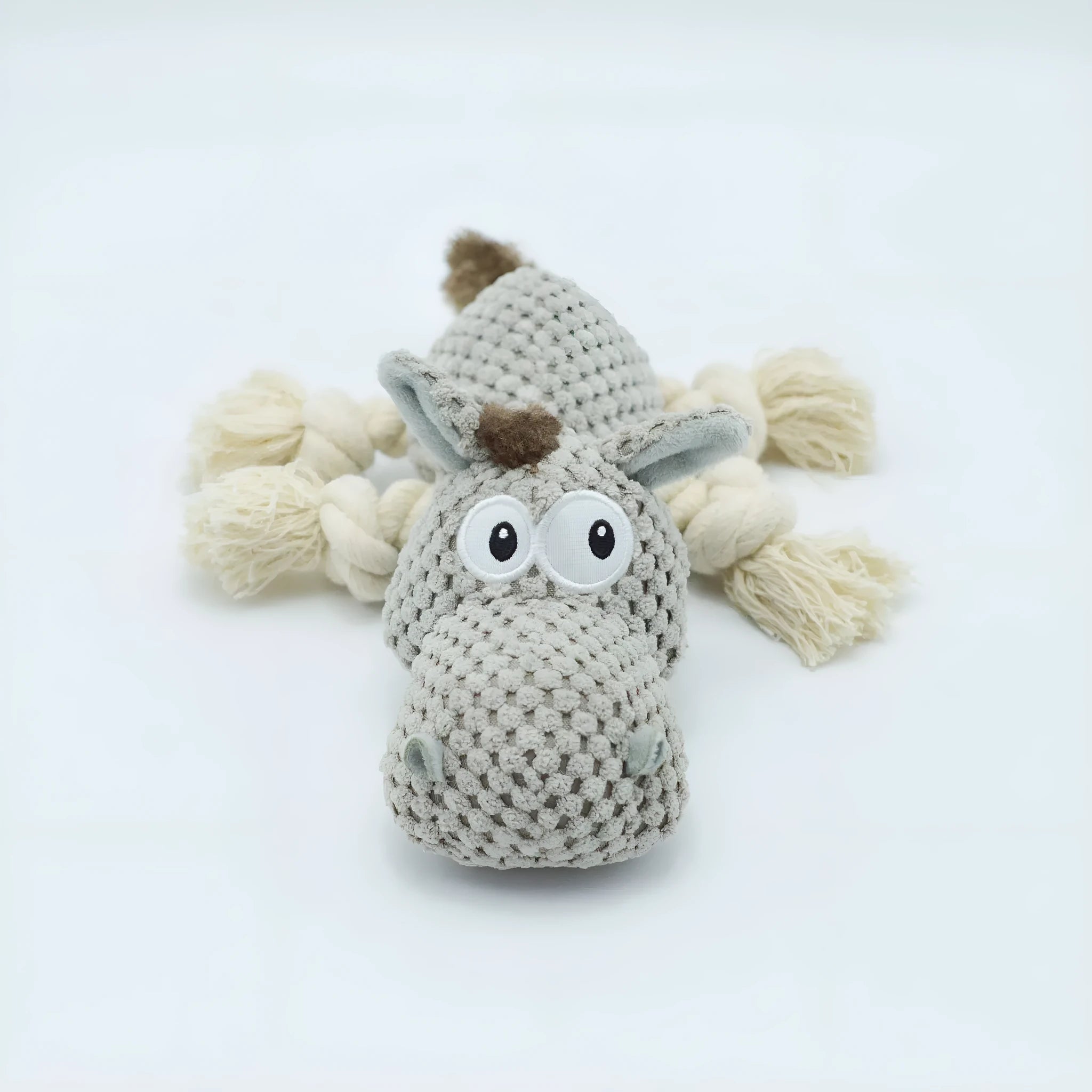 Grey donkey plush dog toy with creak sound mechanism, measuring 27×20×9.5 cm