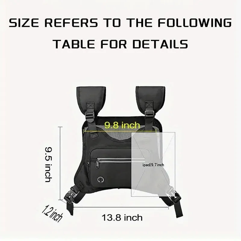Black outdoor sports chest bag with reflective trim and adjustable straps suitable for running cycling hiking