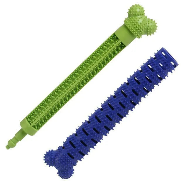A blue-green silicone dog dental chewing stick with a textured brush head and nodules, showing its 25cm length.
