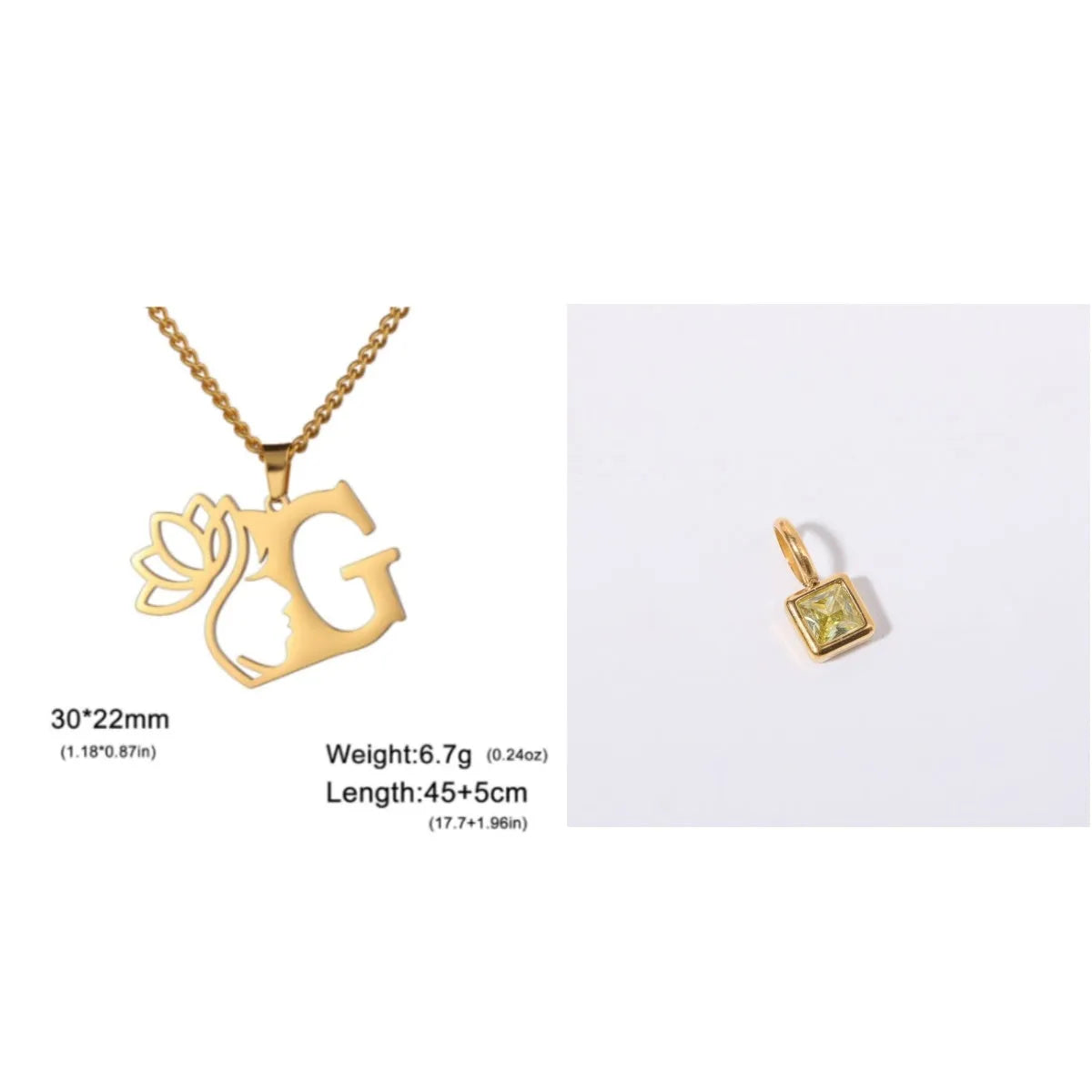 Gold electroplated stainless steel necklace with a cross chain and a letter 'A' pendant on a white background.