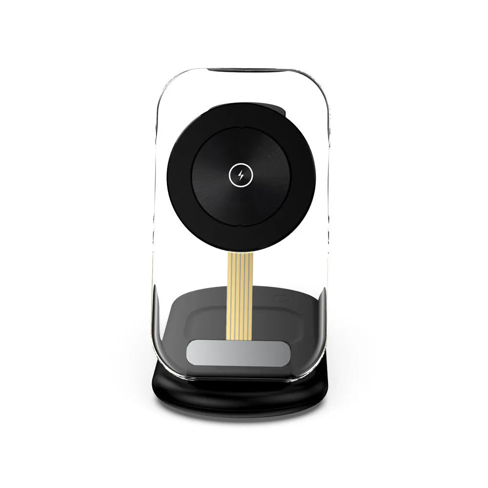 Transparent folding magnetic three-in-one wireless charger showing internal coil, in black, on a desk.