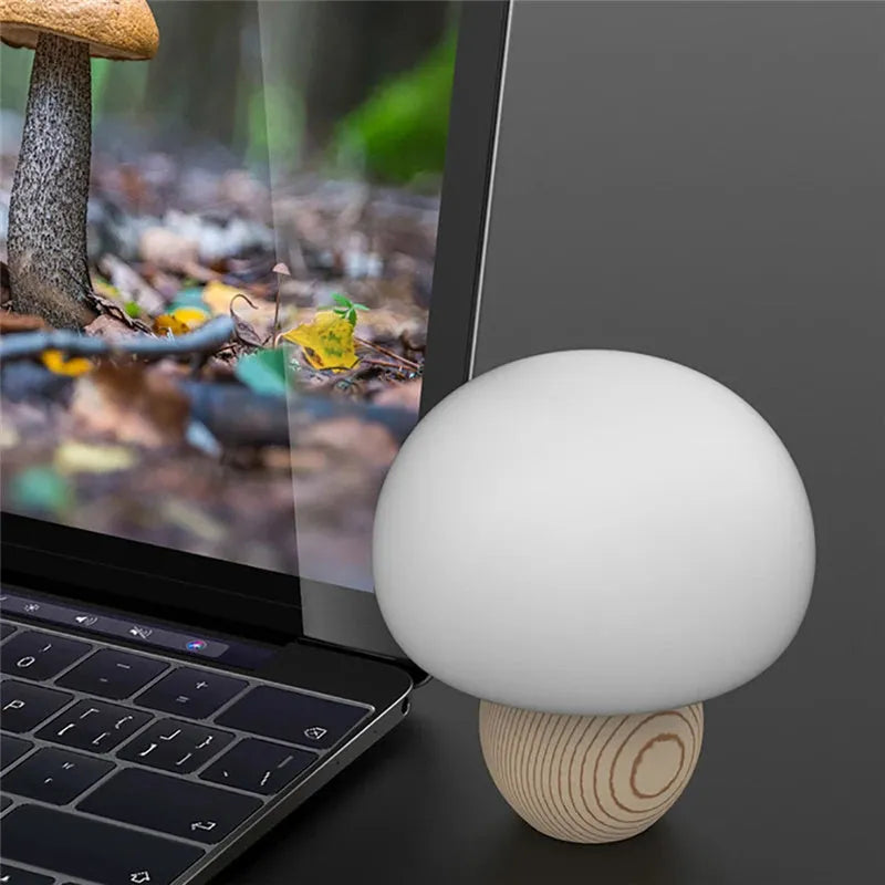 Silicone LED night lamp mushroom shape with wooden base touch switch warm light for children