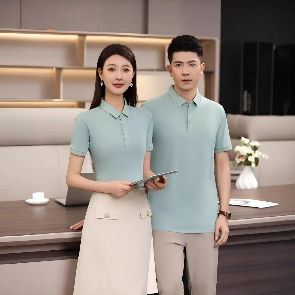 Men's summer polo shirt in polyester blend fabric with single collar lapel and short sleeves