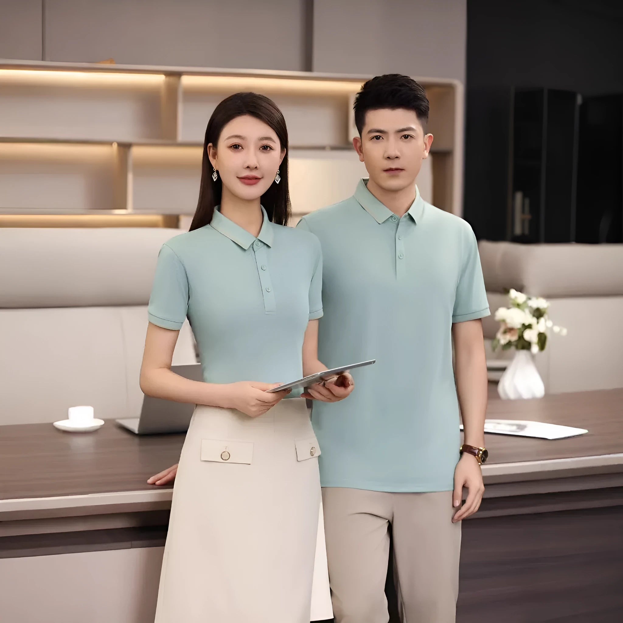 Men's summer polo shirt in polyester blend fabric with single collar lapel and short sleeves
