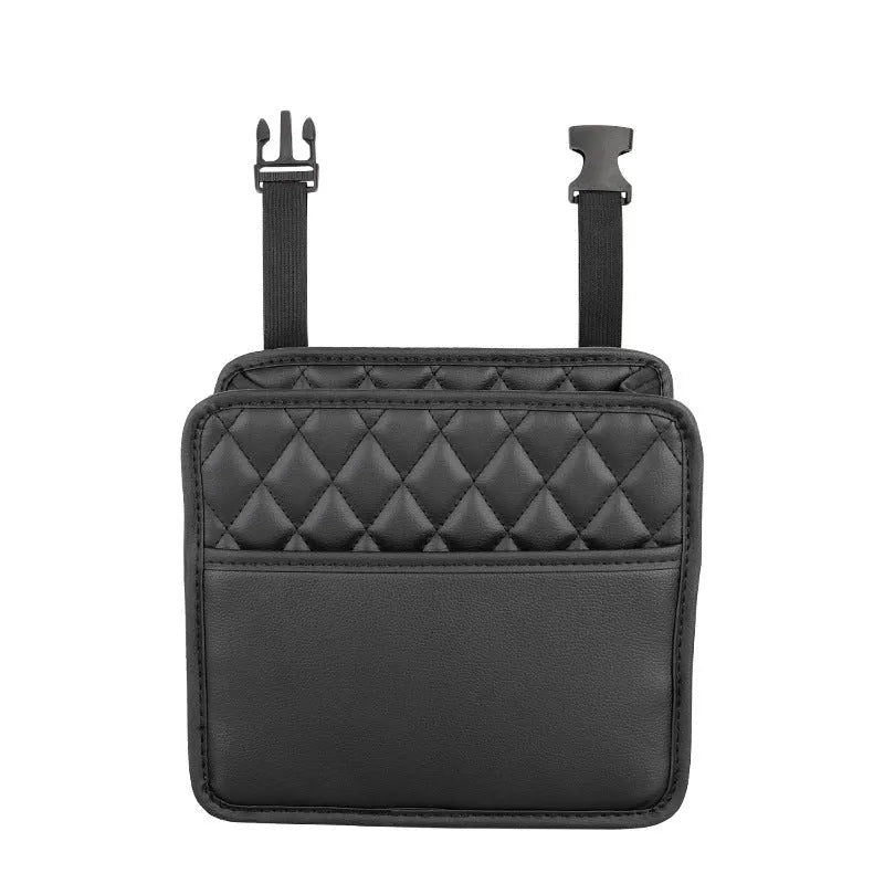 Leather car interior hanging storage bag in black colour showing door pocket mounting