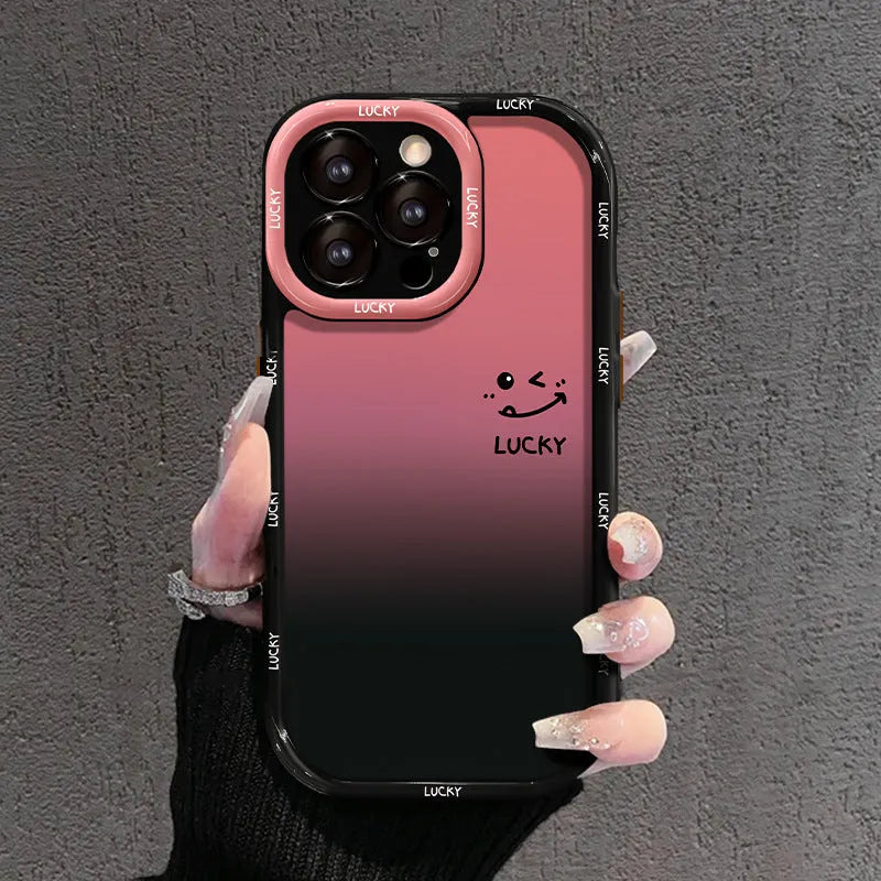Acrylic hard shell iPhone case with fine hole pattern and a gradient love heart design on a cream and black background.