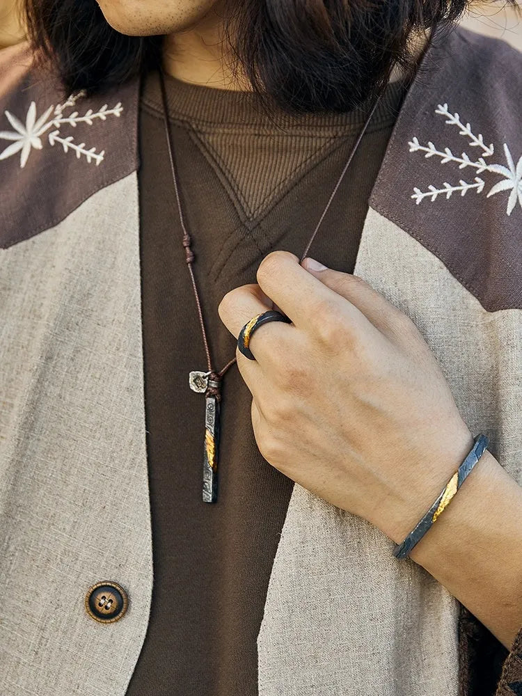 Handmade sterling silver men's necklace with 24K gold inlay gemstone detail full gold wrap style