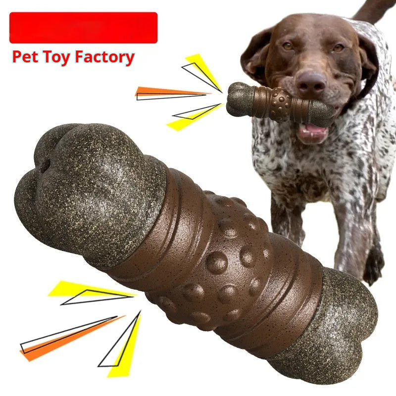 Brown plastic bone-shaped dog chew toy with textured surface for dental cleaning.
