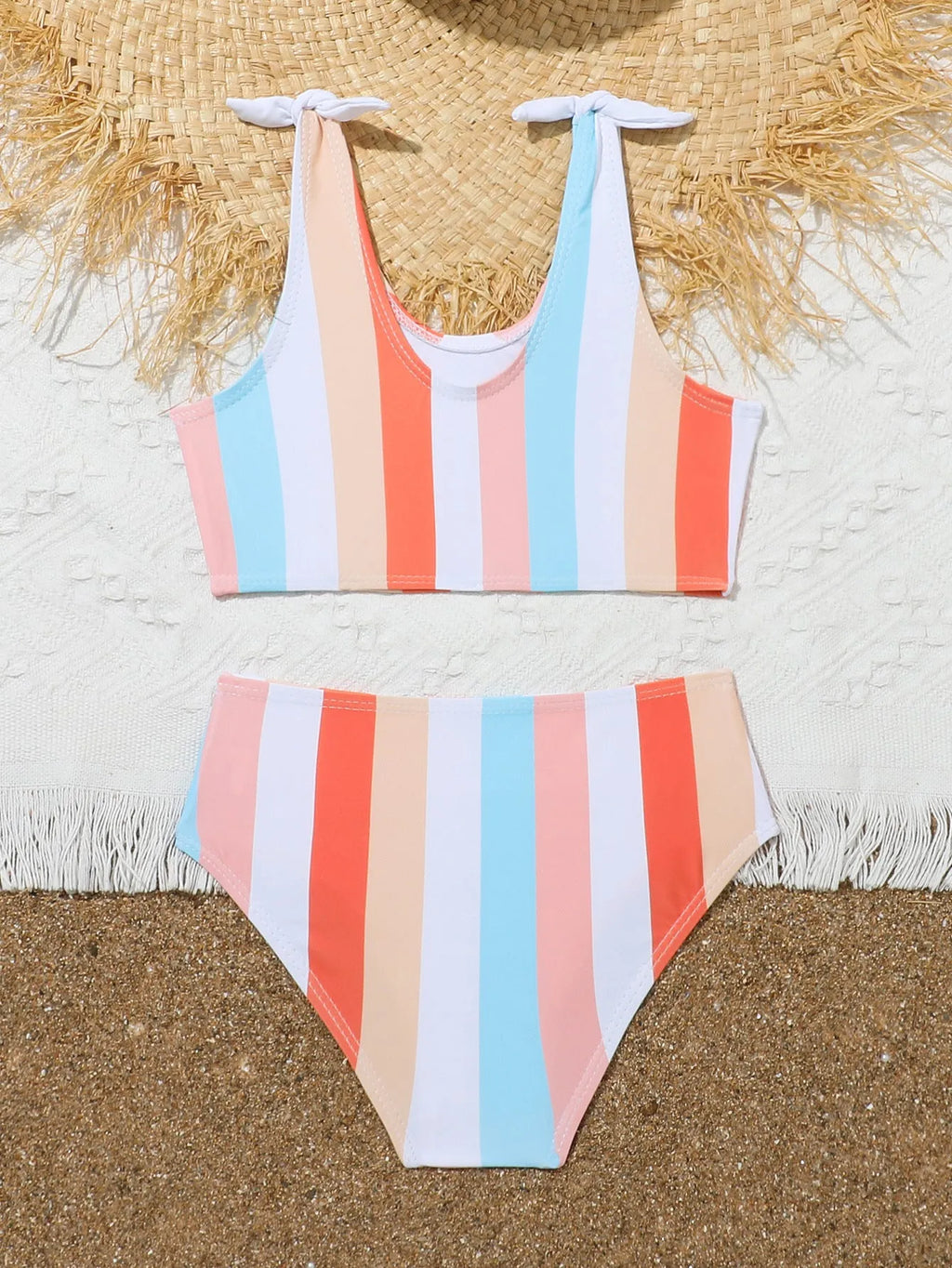 Girls' plaid print two-piece swimsuit set with bra and briefs for swimming.