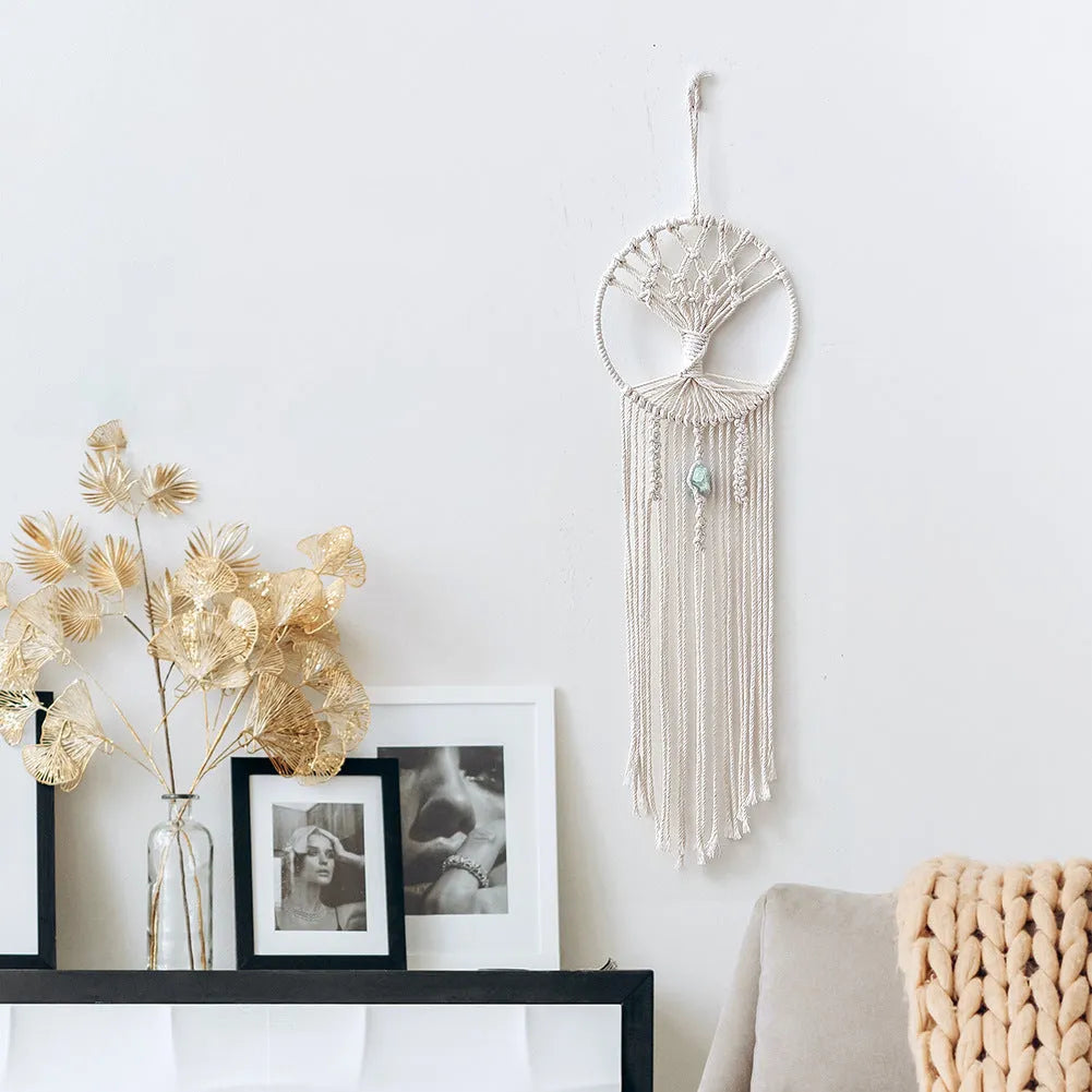 Handmade dream catcher tree tapestry in cotton rope, 73x18cm rectangular wall hanging with European style hand weaving