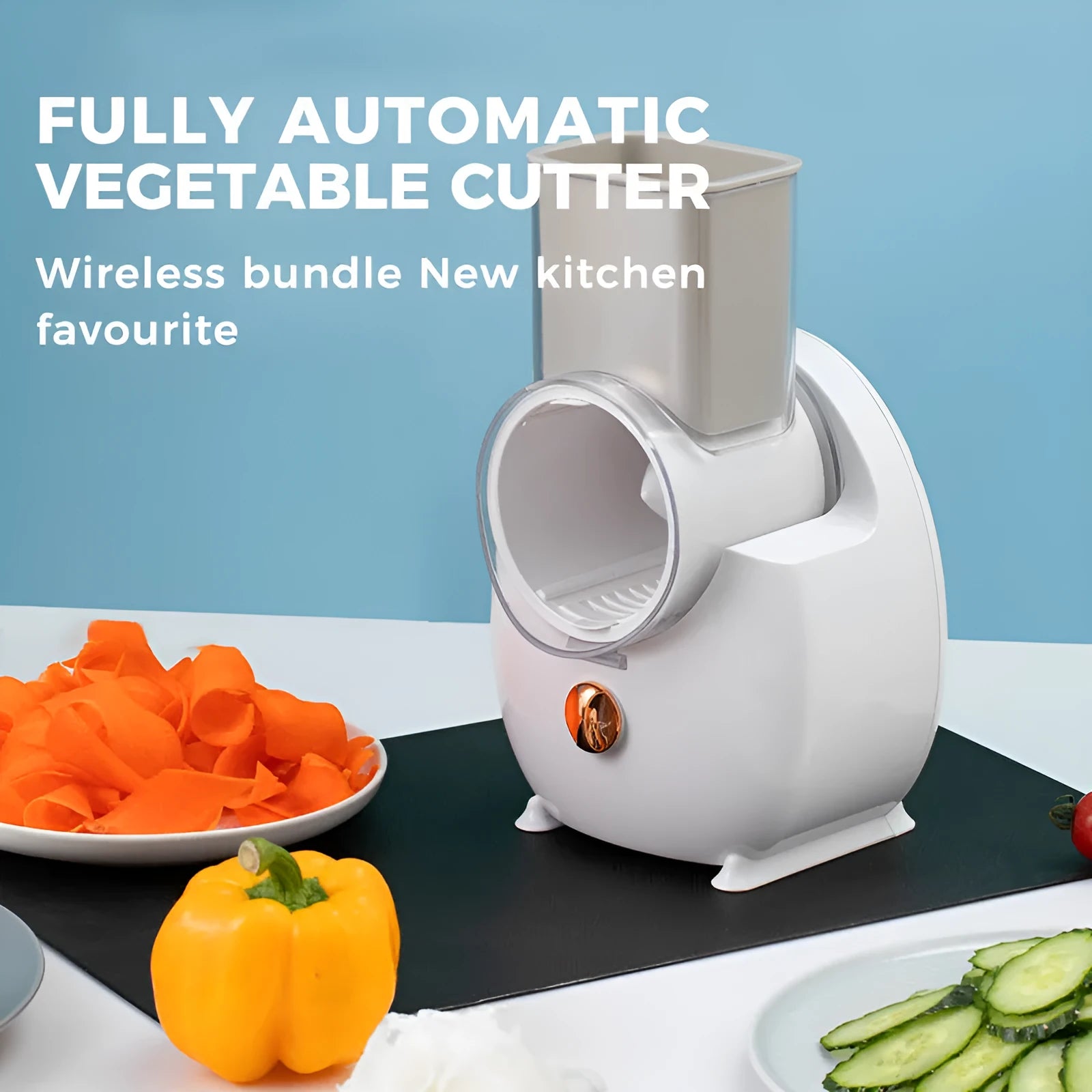 White electric vegetable slicer with suction base and interchangeable blades for potato carrot cutting