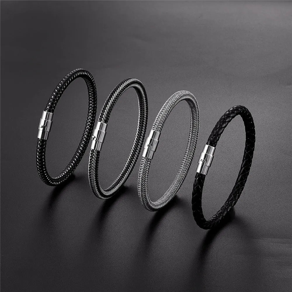 Geometric titanium steel wire bracelet with a magnetic clasp on a wrist, shown in a silver-toned finish.