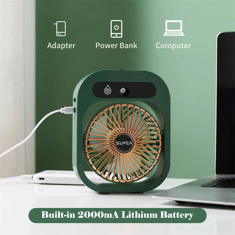 Green and white USB rechargeable portable desk fan with misting humidifier function and adjustable wind direction.