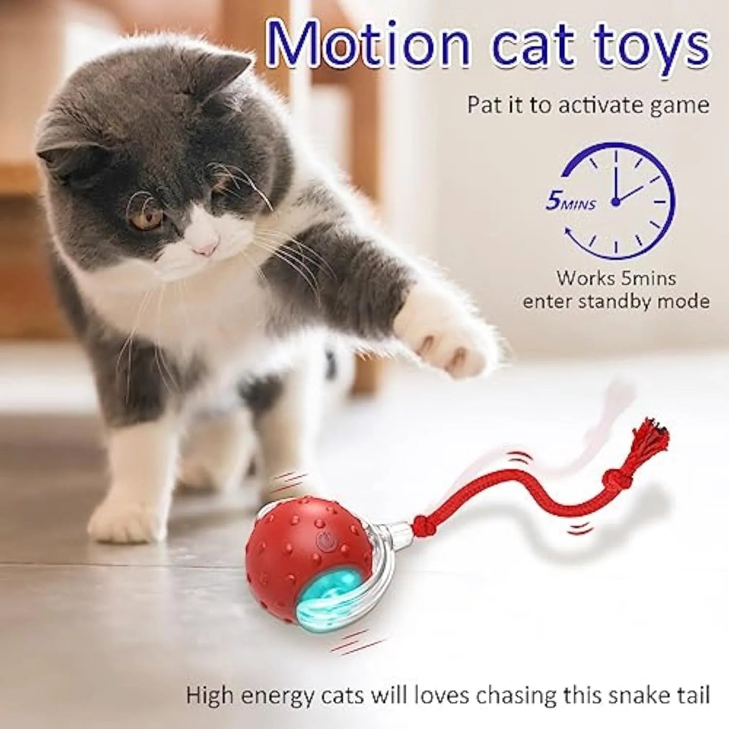 Red motion-activated chirping cat toy rolling fast on carpet with kitten chasing