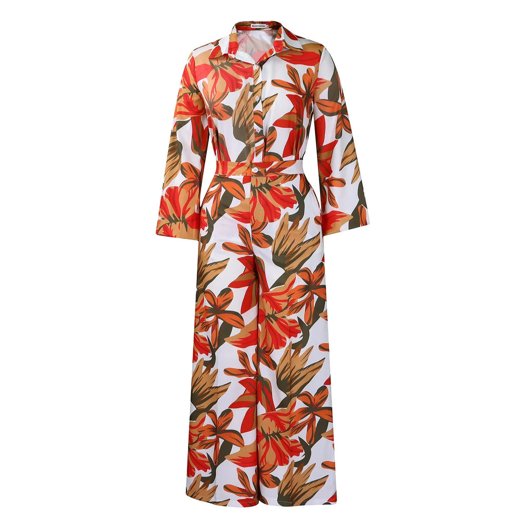 Red polyester shirt and wide leg trousers women's co-ord suit set