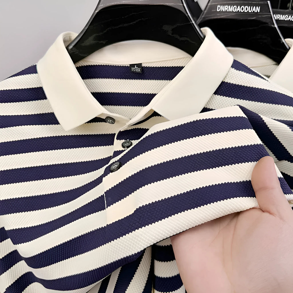Men's black lapel jacquard stripes short-sleeve shirt on a hanger, showing asymmetrical design.