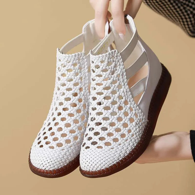 Gold and white women's flat sandals with hollow-out design and soft TPR soles