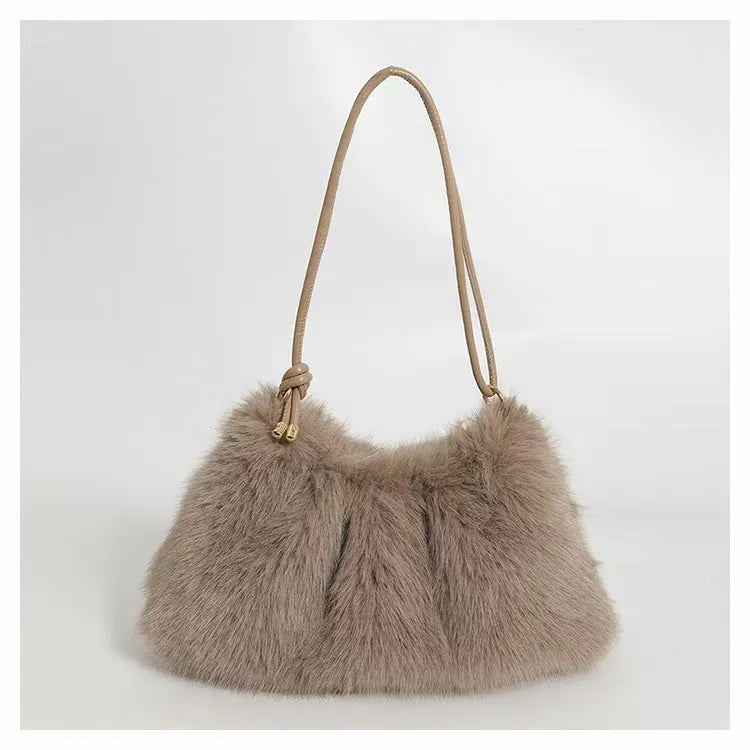 Soft plush underarm bag for women in khaki with single shoulder strap and compact 35x17x9cm size
