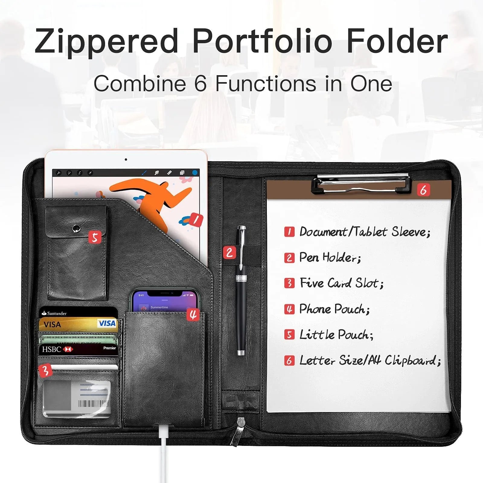 Waterproof PU zipper envelope storage bag in black – 34 x 25.5 x 3 cm with polyester lining for loose-leaf planners