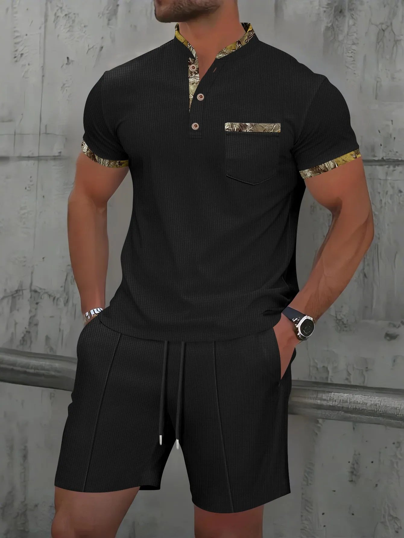 Man wearing a grey waffle-texture zip-up polo top and matching shorts, a summer two-piece suit set.