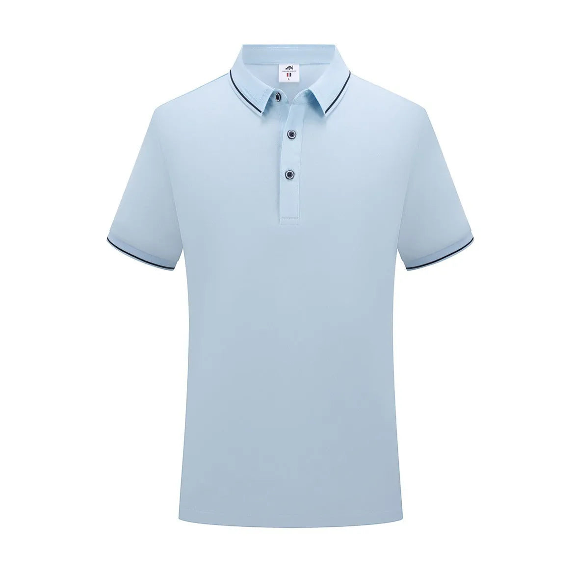 Beautician wearing a short-sleeved light blue polo shirt with asymmetric detail in a salon setting