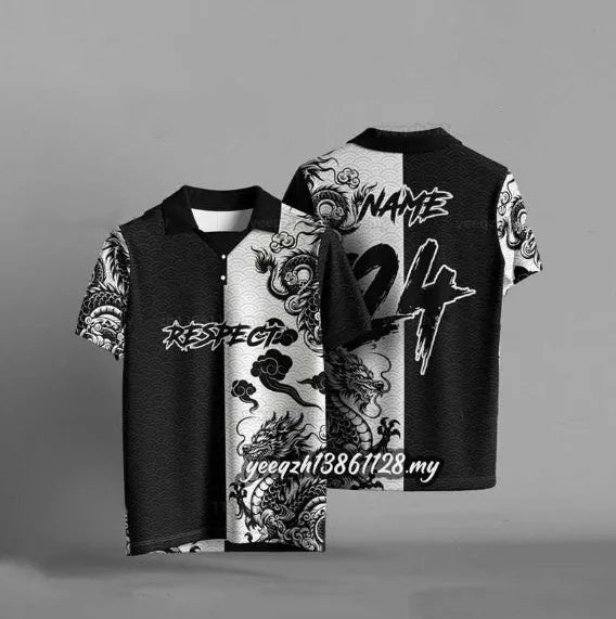 Black loose fit T-shirt with 3D digital printing design, short sleeves, polyester fabric