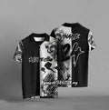 Black loose fit T-shirt with 3D digital printing design, short sleeves, polyester fabric