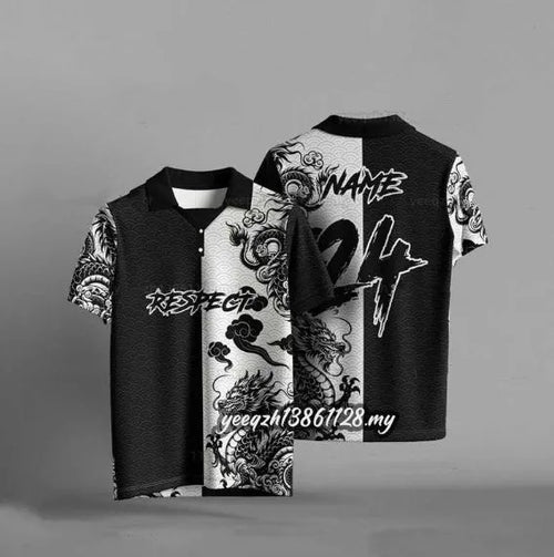 Black loose fit T-shirt with 3D digital printing design, short sleeves, polyester fabric