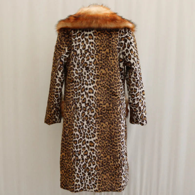 Long leopard print artificial fur jacket for women on a hanger, showing full length and regular sleeves.