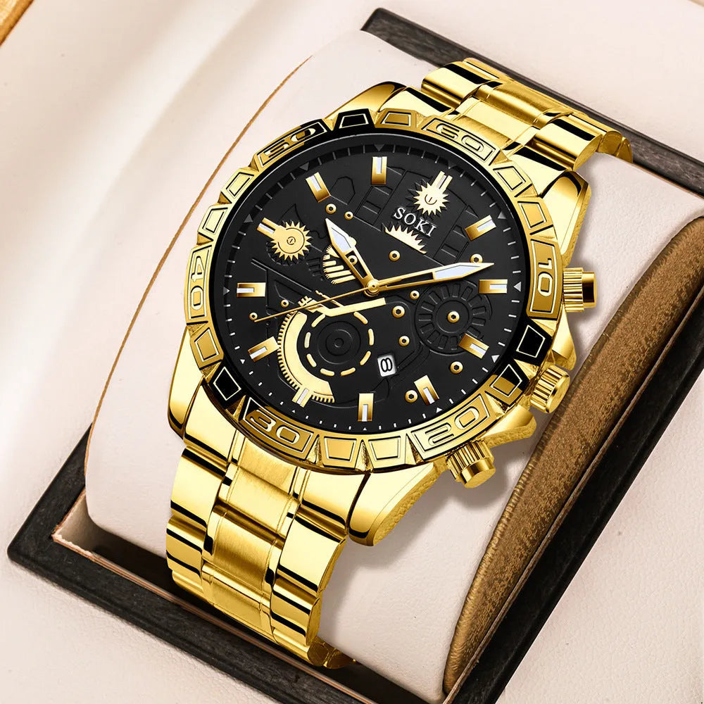 Gold-colour men's business quartz watch with stainless steel strap on wrist.