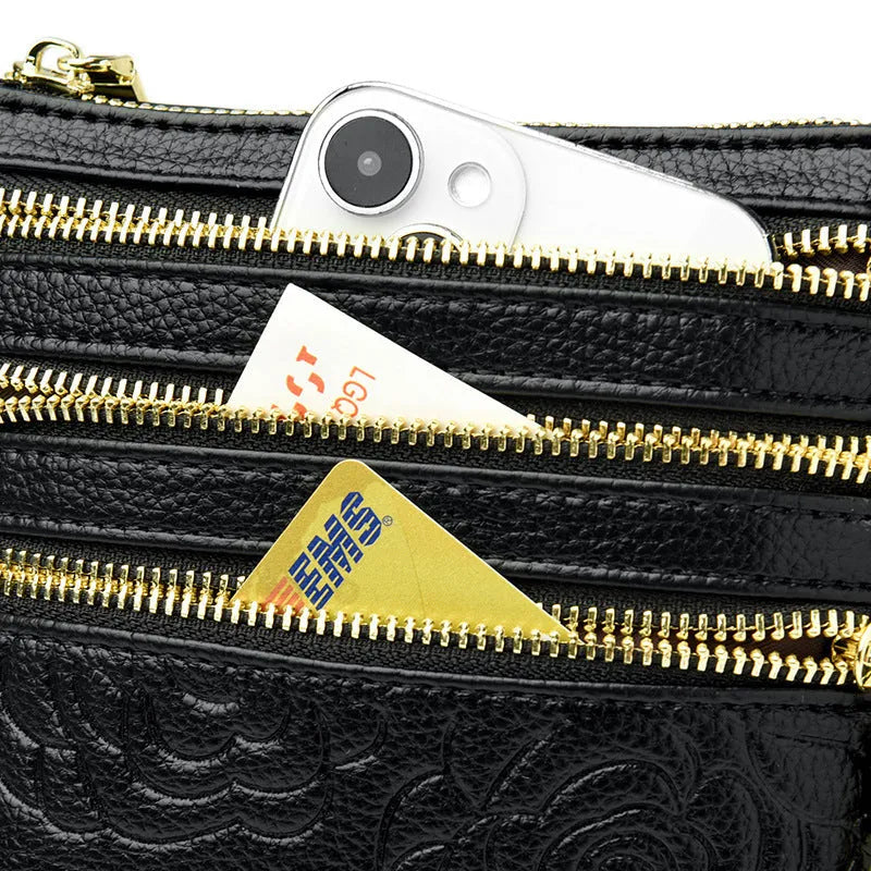 Five-layer mobile phone crossbody bag in beige with embossed PU leather and double shoulder strap