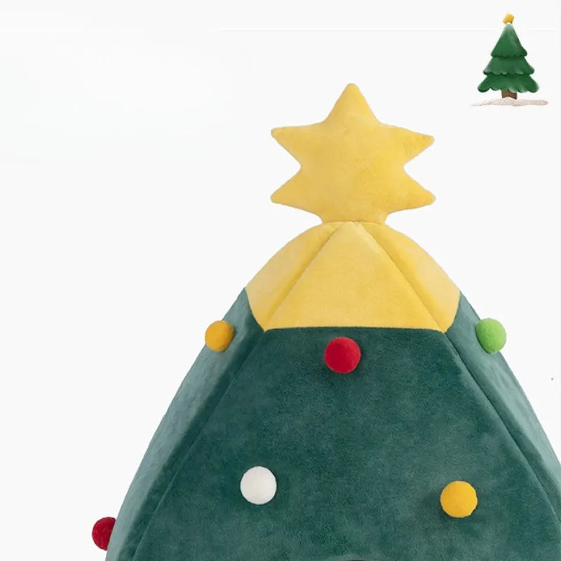 Red Christmas plush cave pet bed for cats and dogs with a washable cover in three sizes.