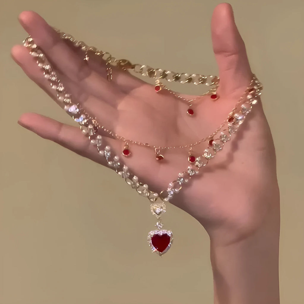 Red alloy double layer twin necklace with love heart pendant, adjustable 41-50cm length