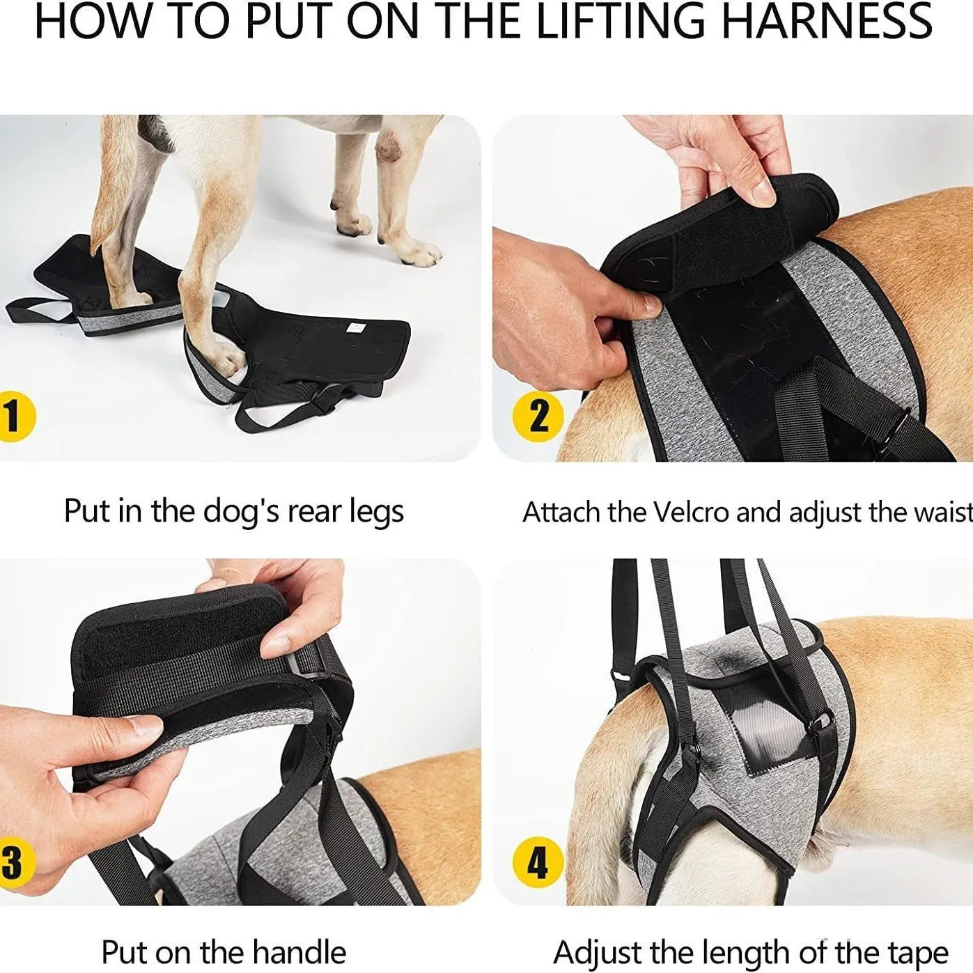 Grey neoprene dog rear leg recovery support harness shown laid flat, with adjustable straps for waist and thigh.
