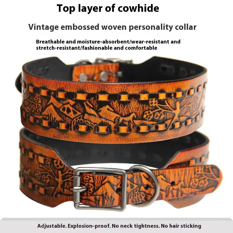 Leather dog collar with large metal rivets in a choice of five colours, laid flat.