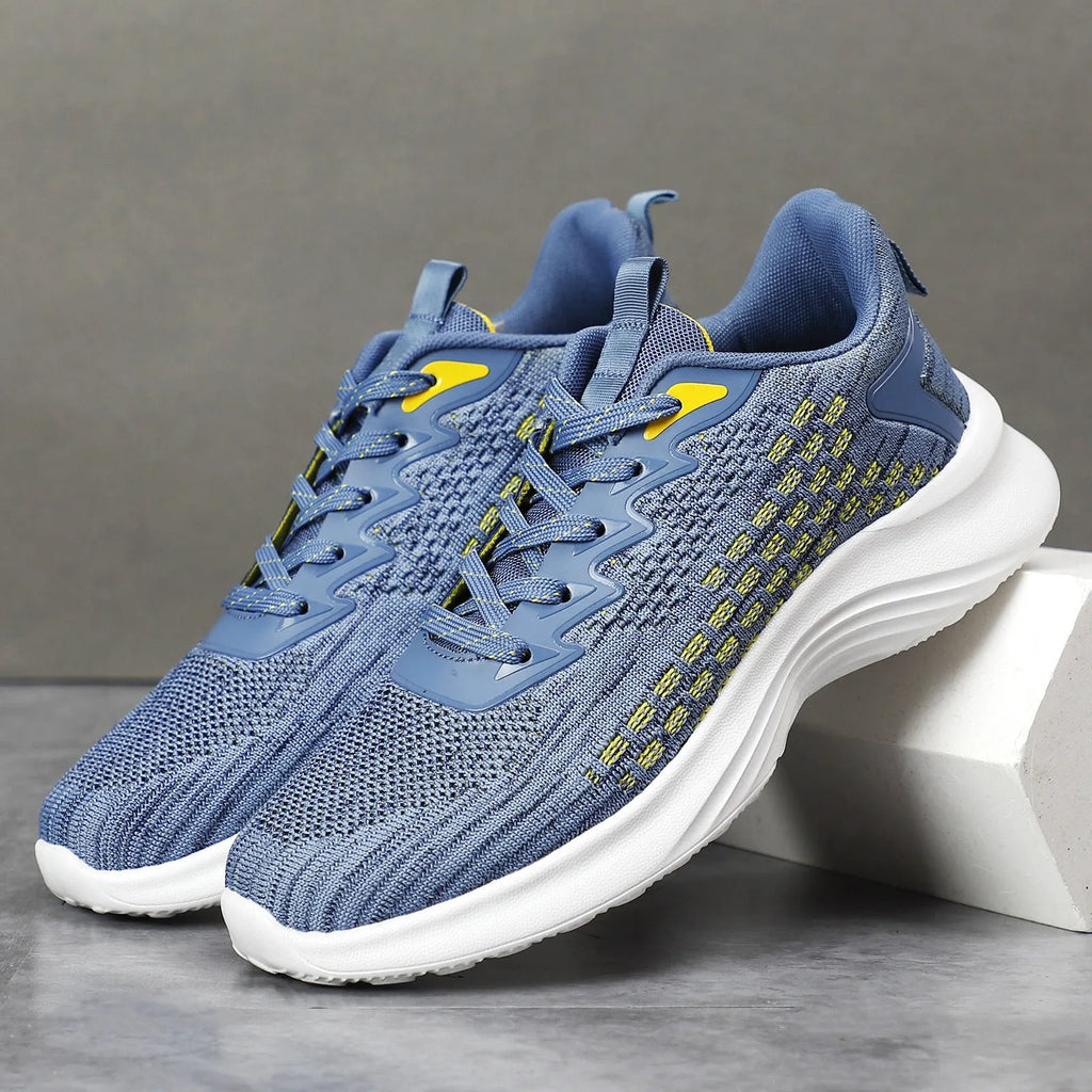 Women's lavender purple and sapphire blue Flyknit running shoes with striped pattern and mesh lining