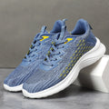 Women's lavender purple and sapphire blue Flyknit running shoes with striped pattern and mesh lining