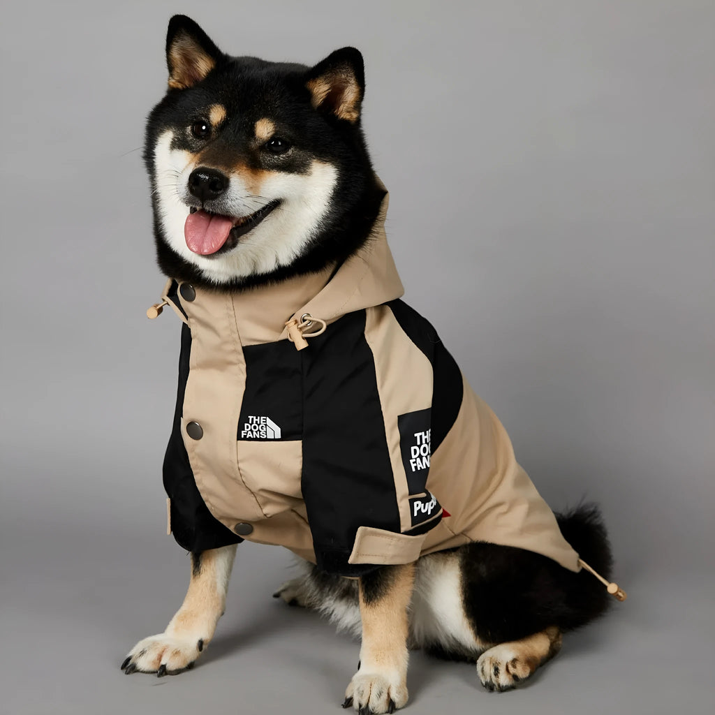 Khaki polyester dog shell jacket shown on canine model, available in sizes S through 5XL